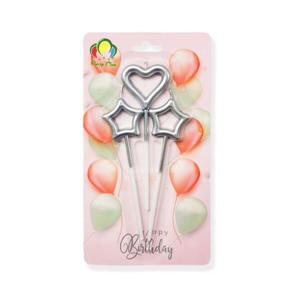 3-Pieces Heart and Star Birthday Candles Set, Cake Topper – Silver